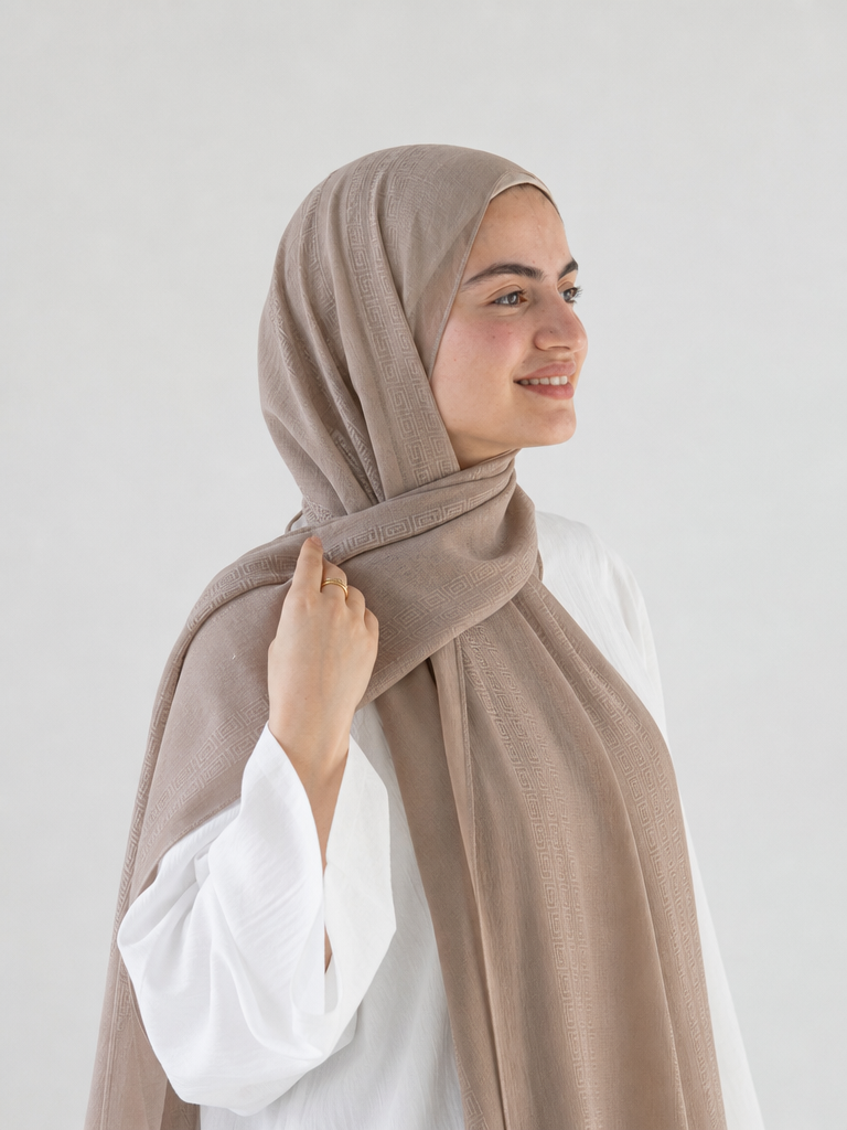 Athena Key Kuwaiti scarf in Beige with Greek key jacquard stripe design #Color_Beige