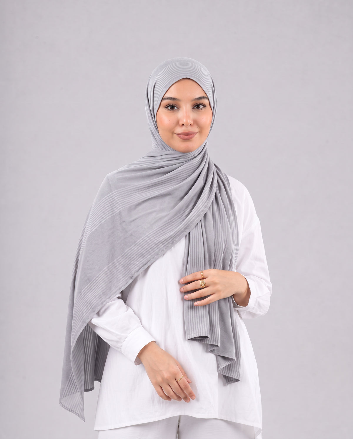 Cotton Stripe Border Kuwaiti Scarf - Medium Grey