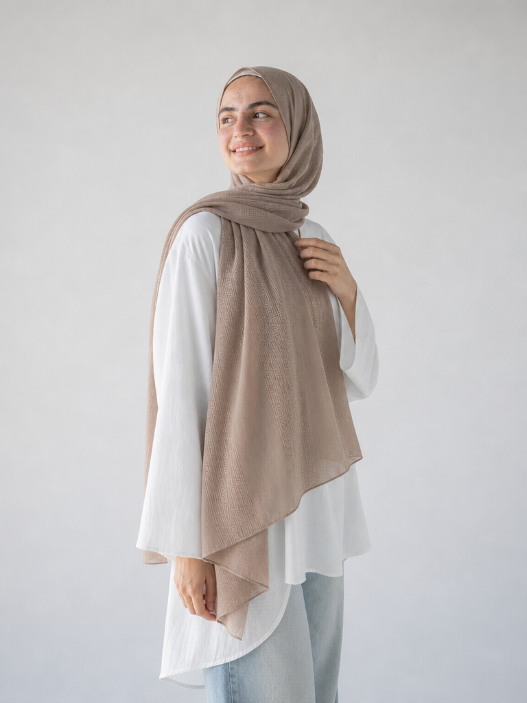 Athena Key Kuwaiti scarf in Beige with Greek key jacquard stripe design #Color_Beige