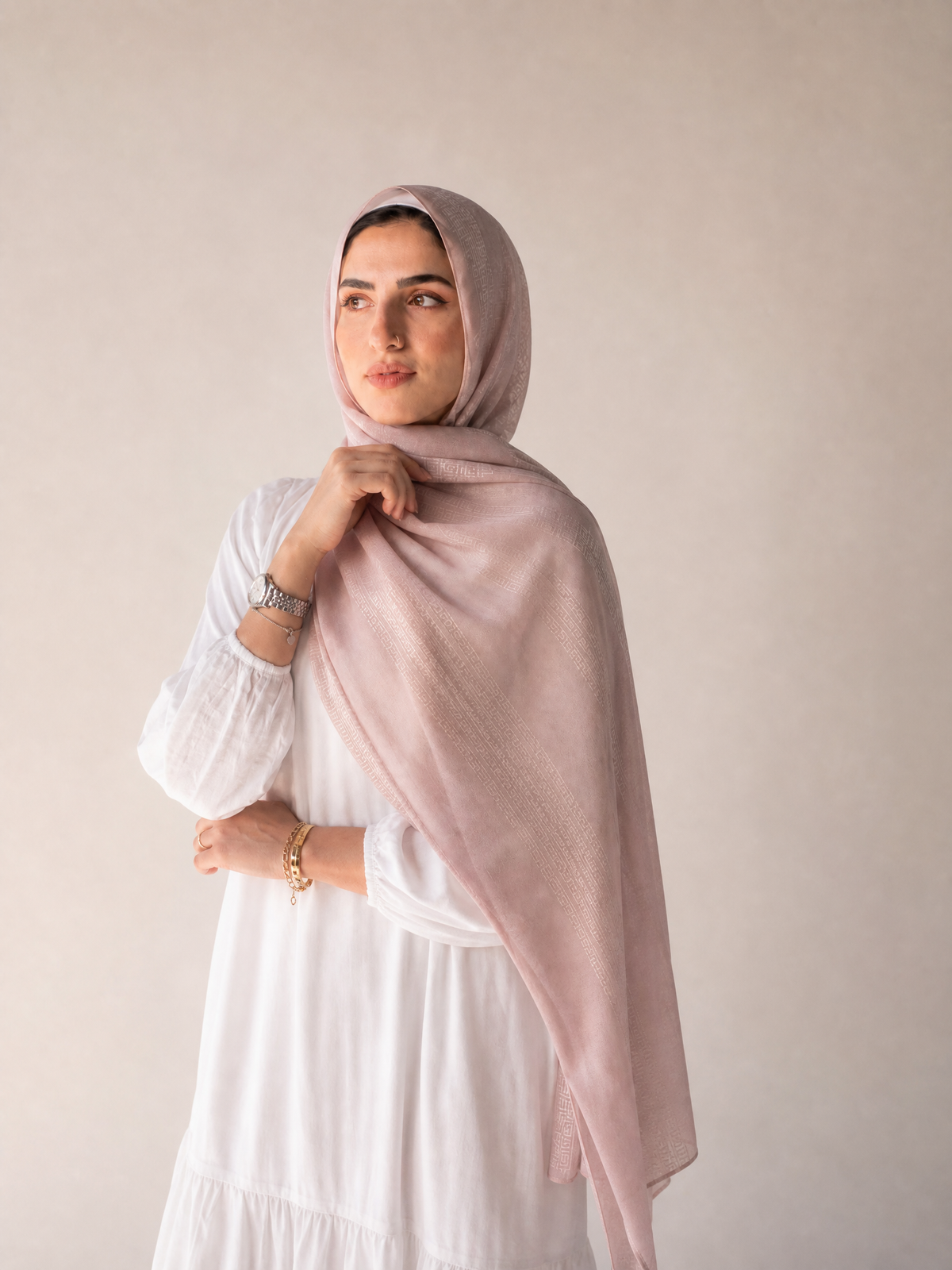 Athena Key Kuwaiti scarf in Cashmere with Greek key jacquard stripe design #Color_Cashmere