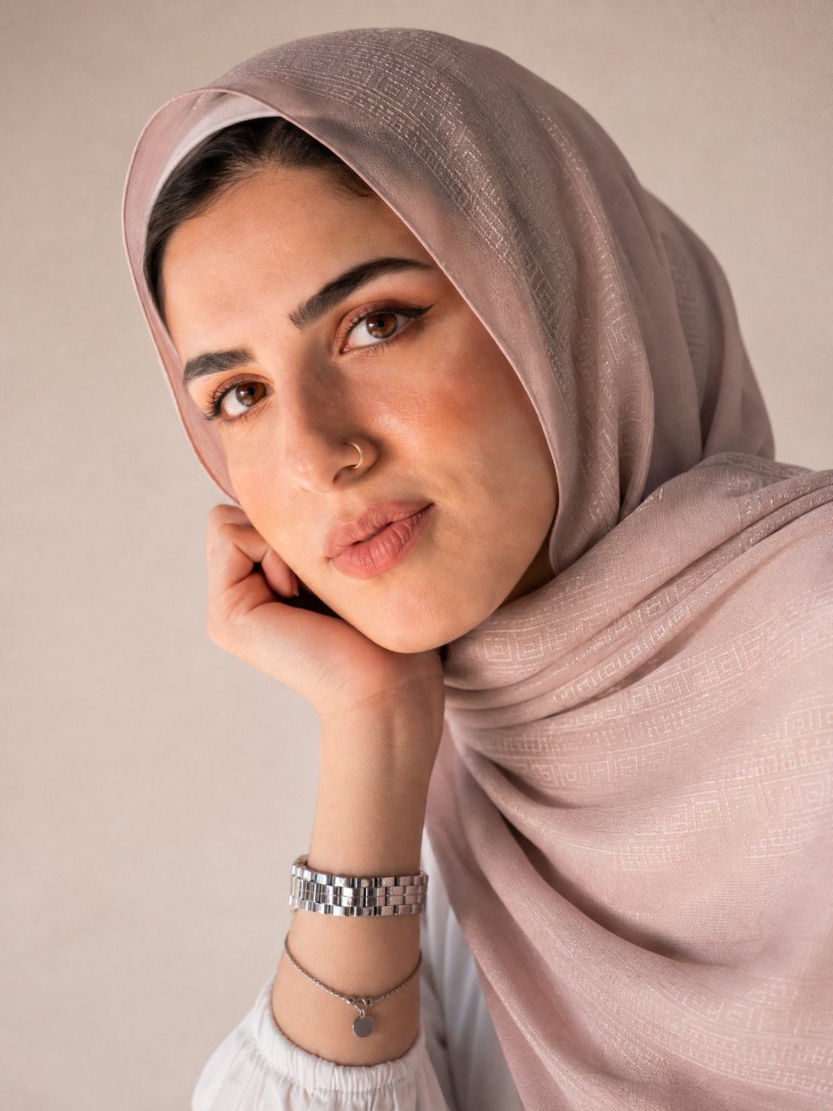 Athena Key Kuwaiti scarf in Cashmere with Greek key jacquard stripe design #Color_Cashmere