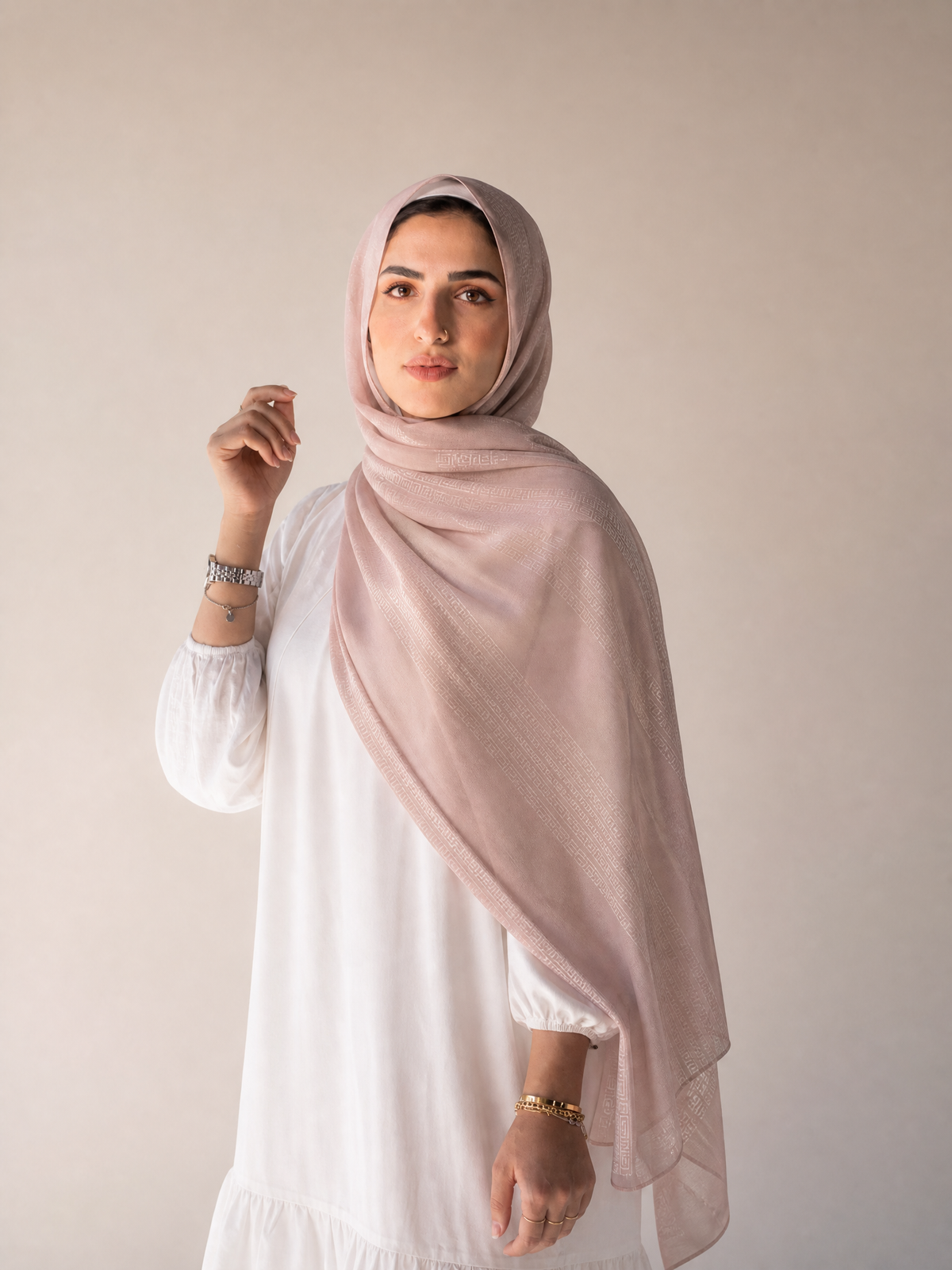 Athena Key Kuwaiti scarf in Cashmere with Greek key jacquard stripe design #Color_Cashmere