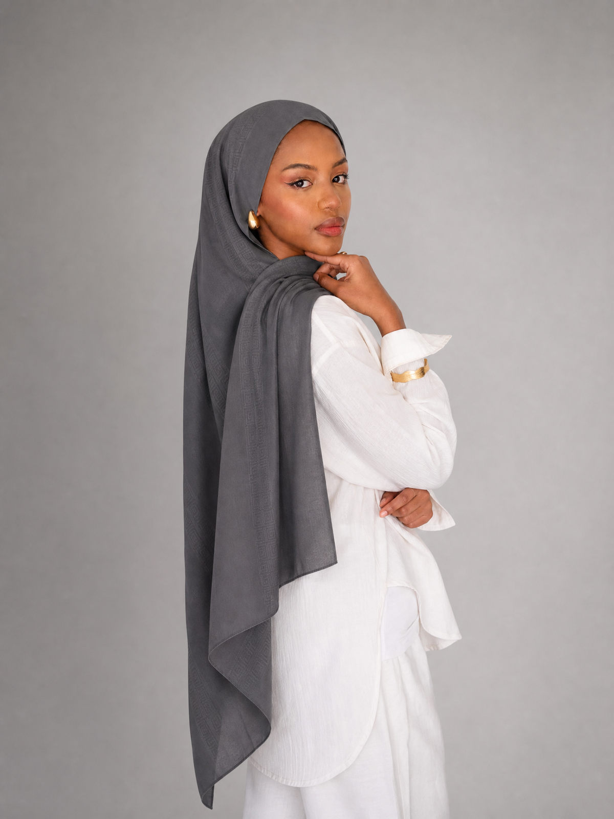 Athena Key Kuwaiti scarf in Dark Grey with Greek key jacquard stripe design #Color_Dark Grey