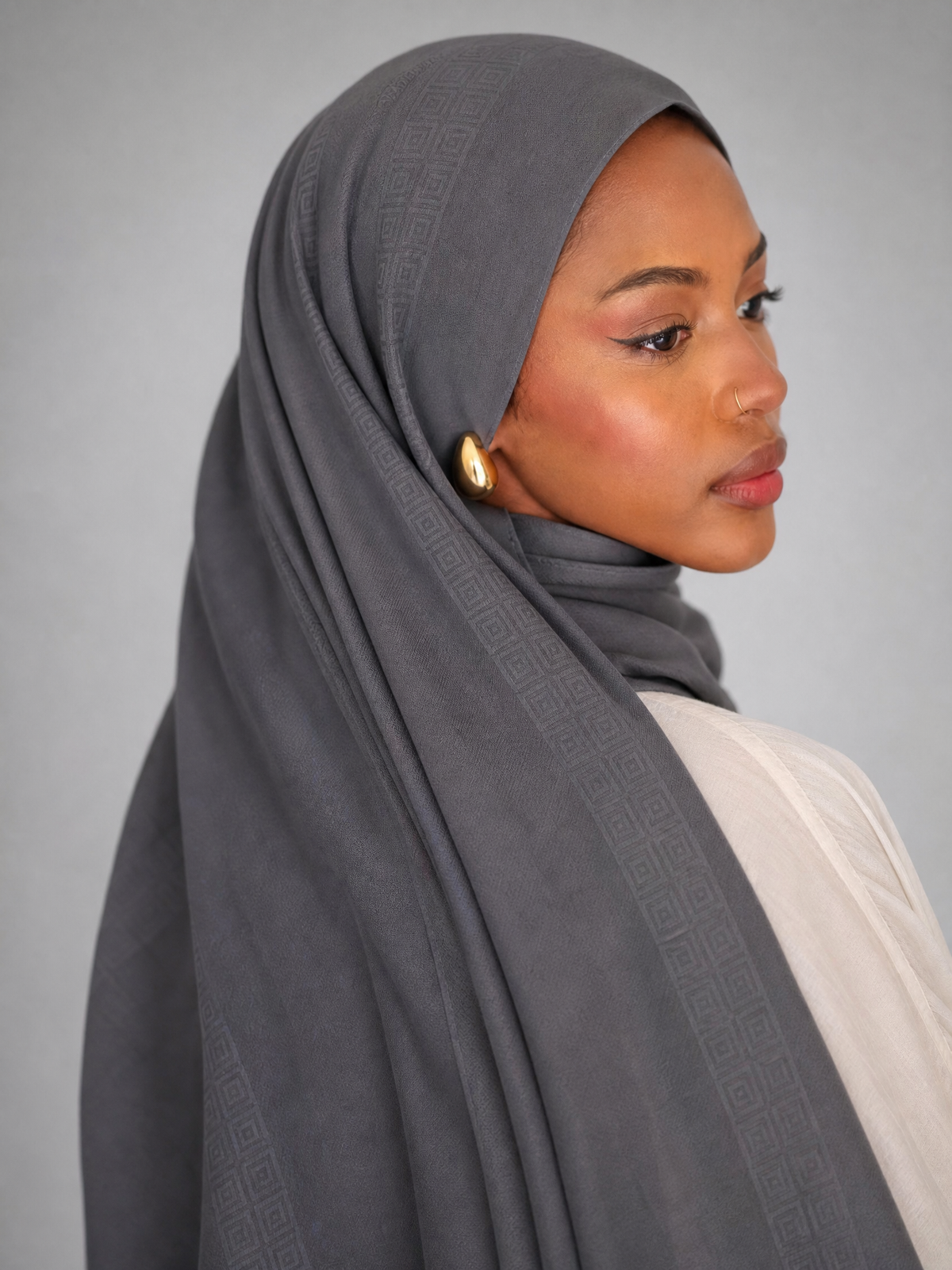 Athena Key Kuwaiti scarf in Dark Grey with Greek key jacquard stripe design #Color_Dark Grey
