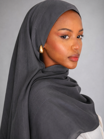 Athena Key Kuwaiti scarf in Dark Grey with Greek key jacquard stripe design #Color_Dark Grey