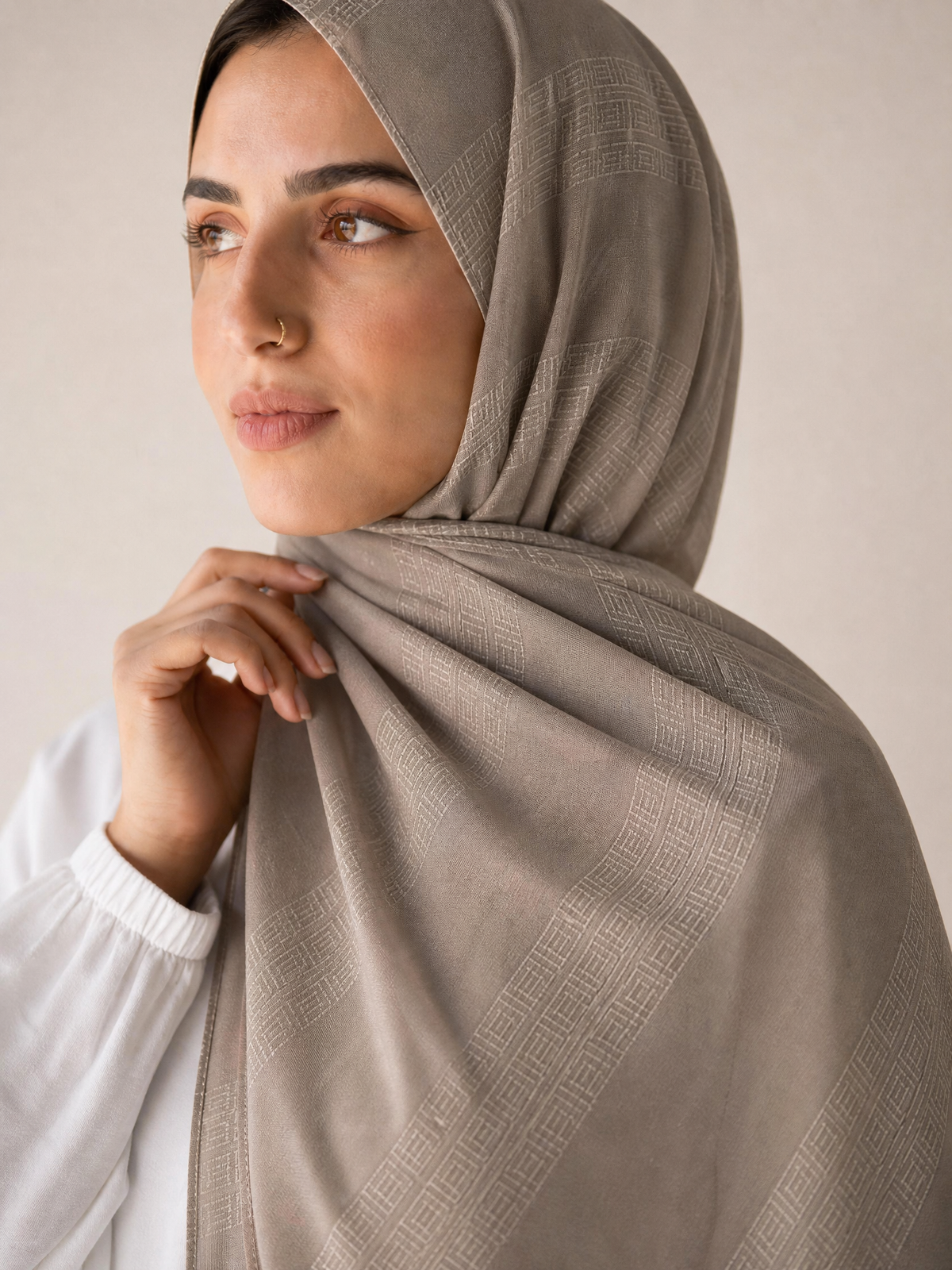 Athena Key Kuwaiti scarf in Medium Beige with Greek key jacquard stripe design #Color_Medium Beige