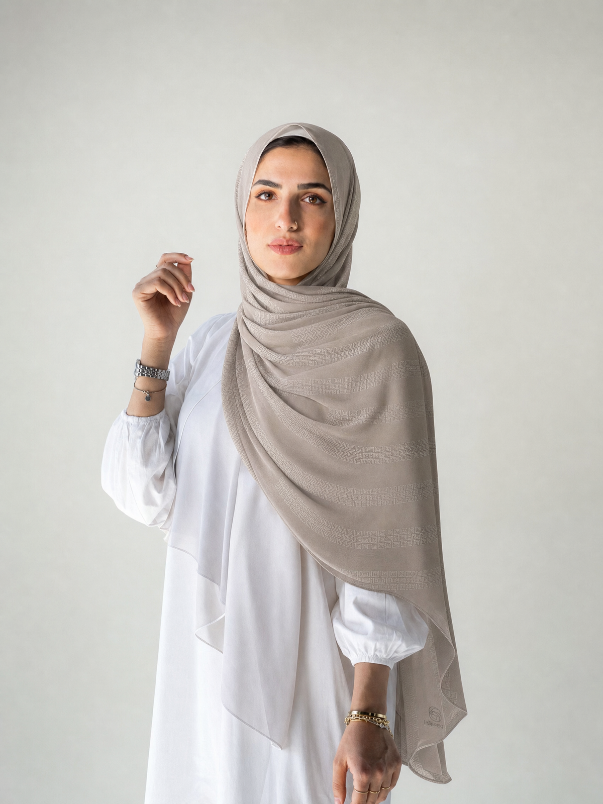 Athena Key Kuwaiti scarf in Medium Beige with Greek key jacquard stripe design #Color_Medium Beige