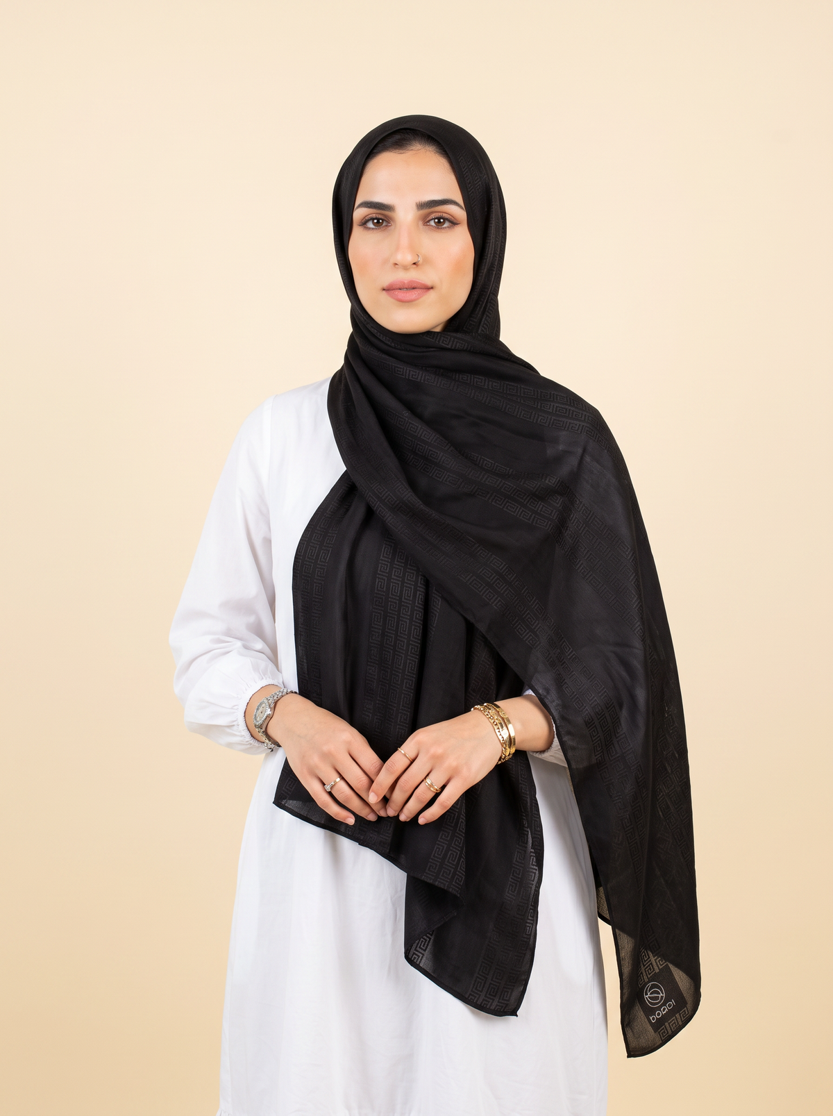 Athena Key Kuwaiti scarf in Black with Greek key jacquard stripe design #Color_Black