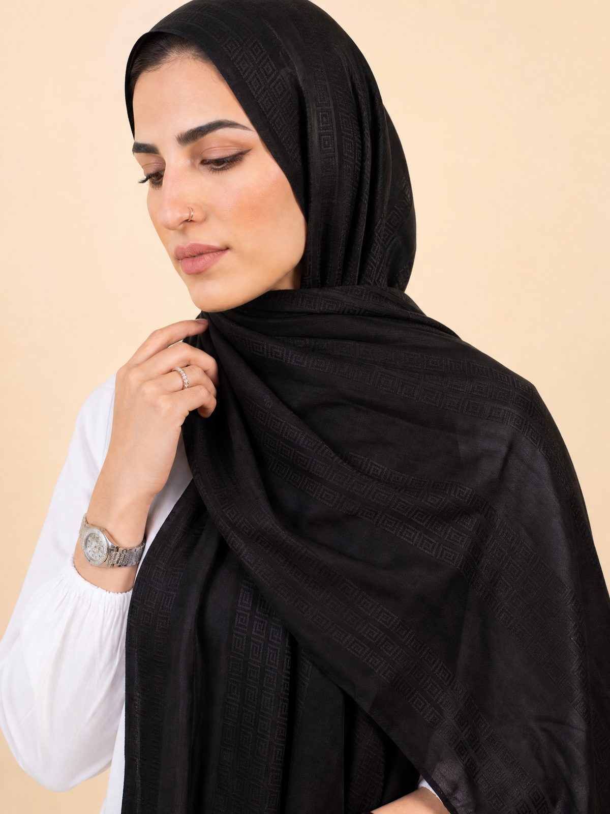 Athena Key Kuwaiti scarf in Black with Greek key jacquard stripe design #Color_Black