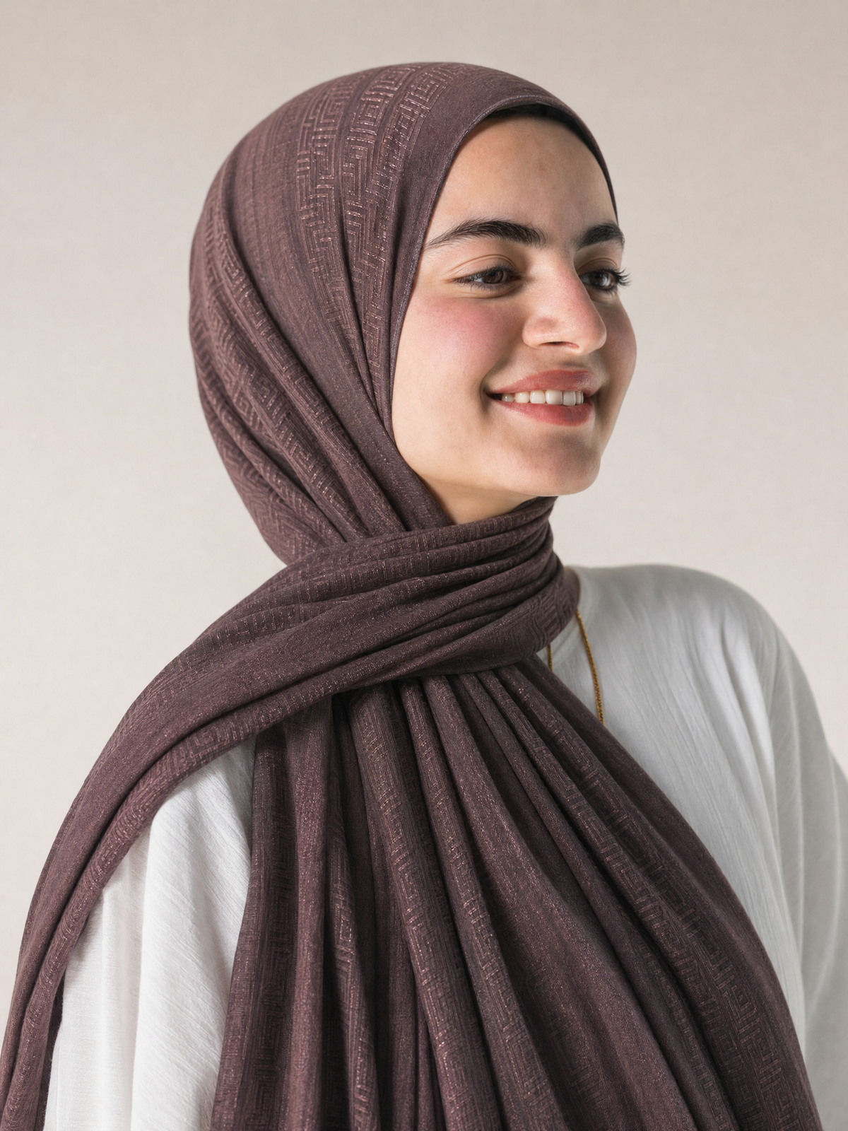 Athena Key Kuwaiti scarf in Brown with Greek key jacquard stripe design #Color_Brown