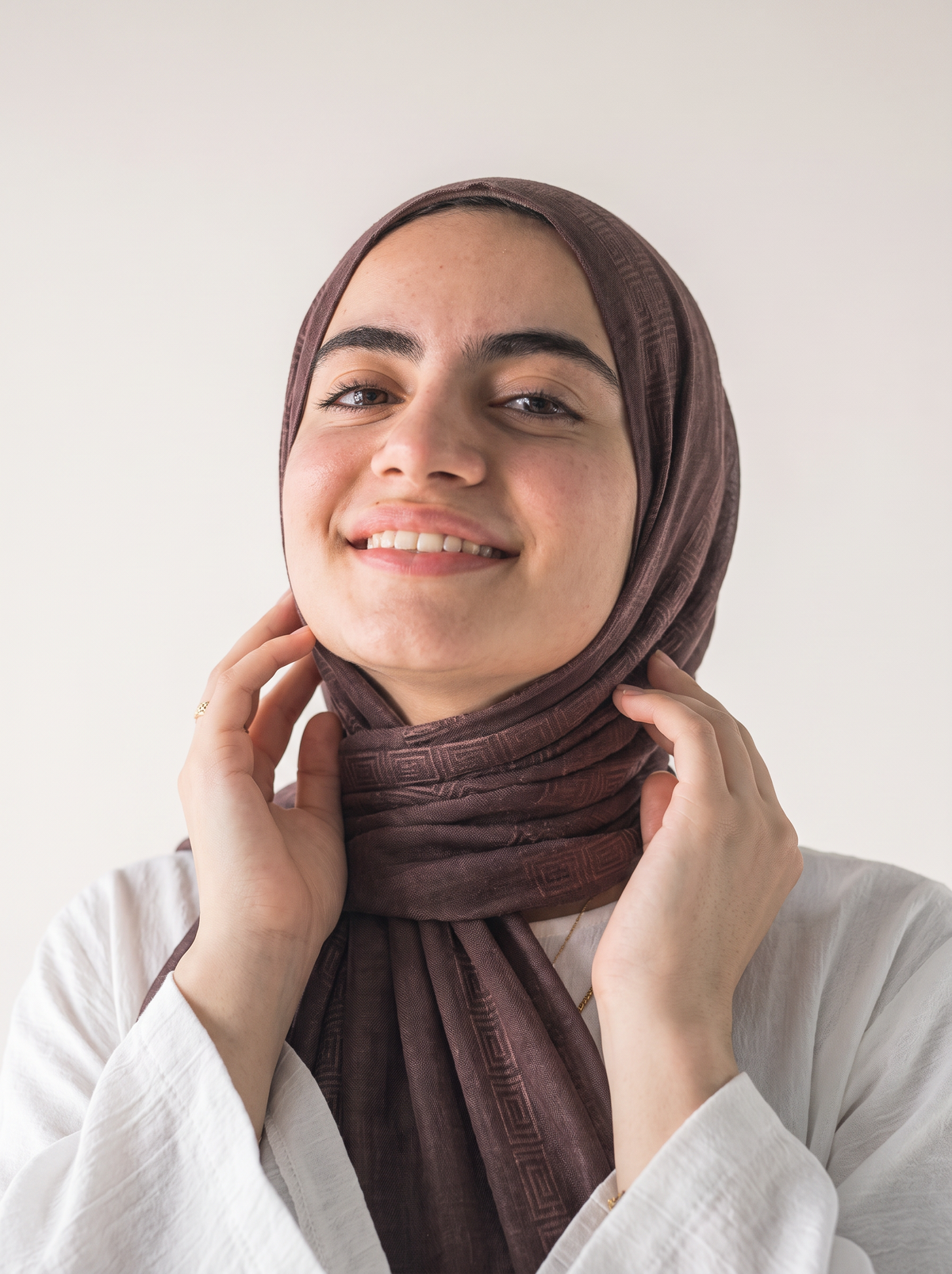Athena Key Kuwaiti scarf in Brown with Greek key jacquard stripe design #Color_Brown