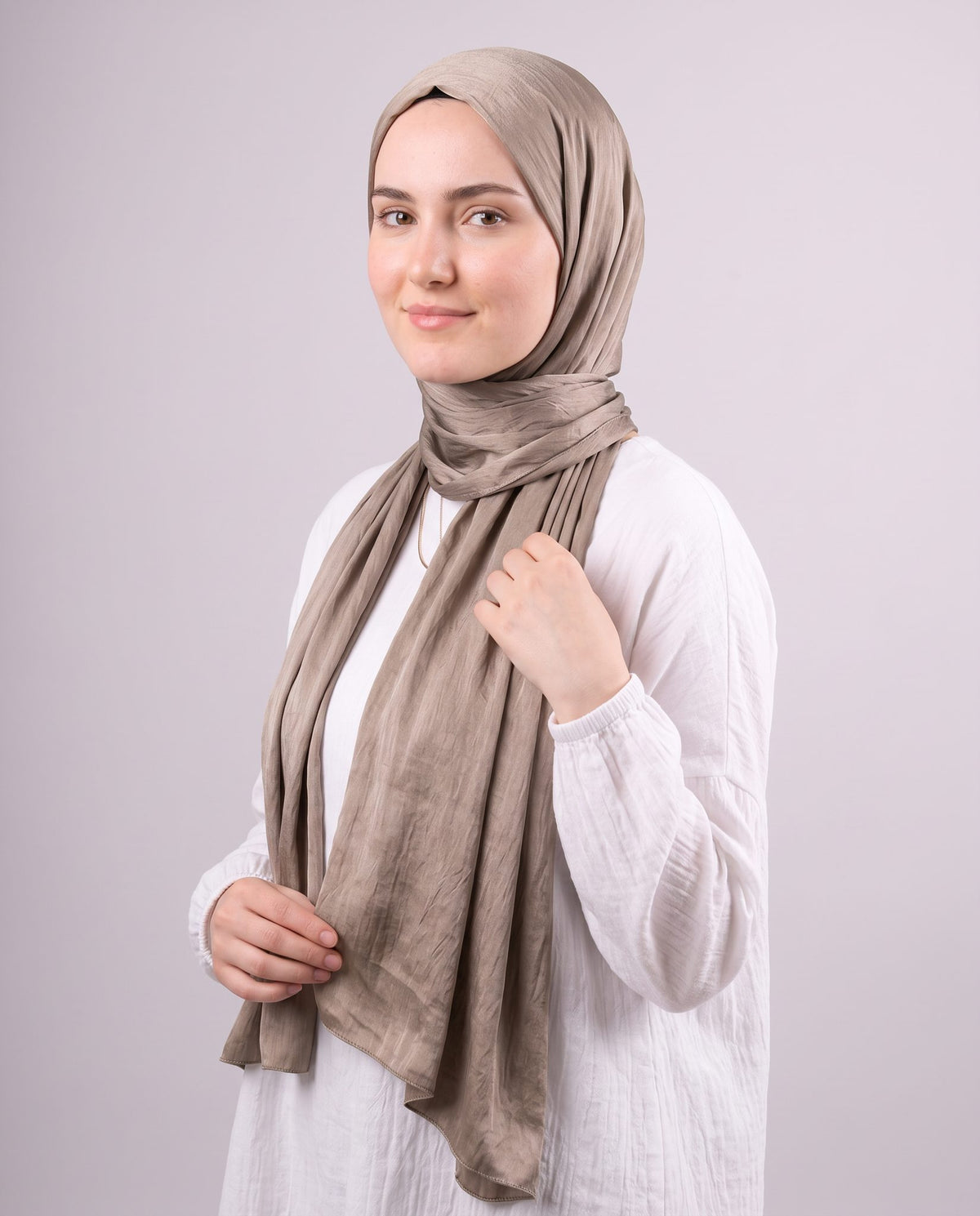 Moon Glow Crushed Satin Scarf in Brown #Color_Brown