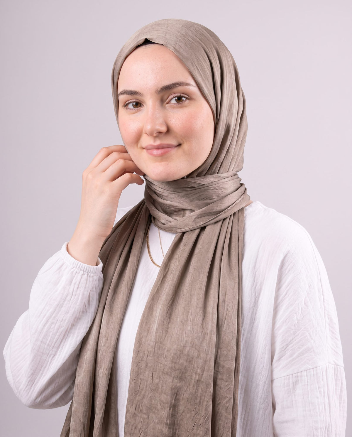 Moon Glow Crushed Satin Scarf in Brown #Color_Brown