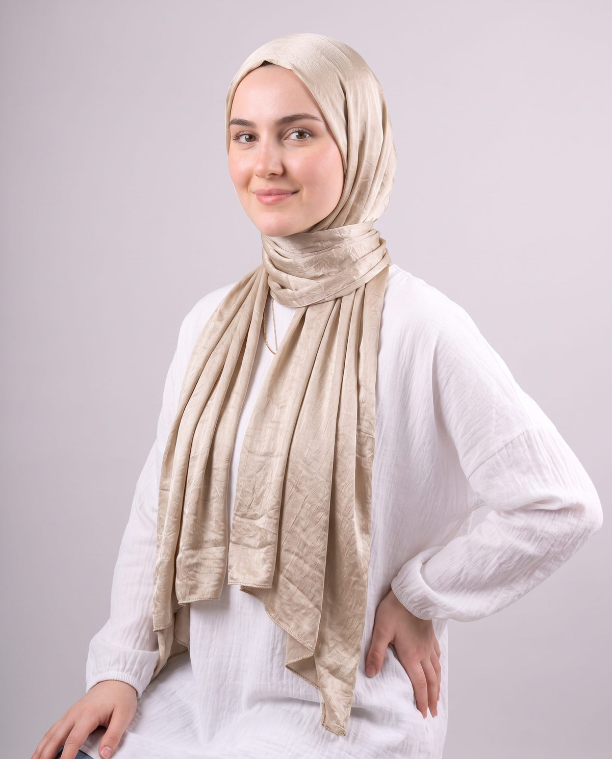 Moon Glow Crushed Satin Scarf in Champagne Beige #Color_Champagne Beige