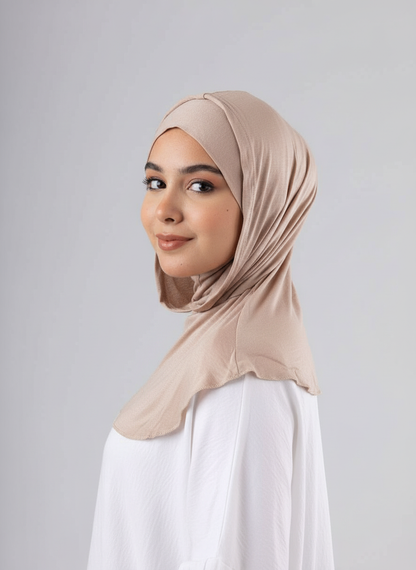Ready Two Layer Kuwaiti Hijab in Beige #Color_Beige