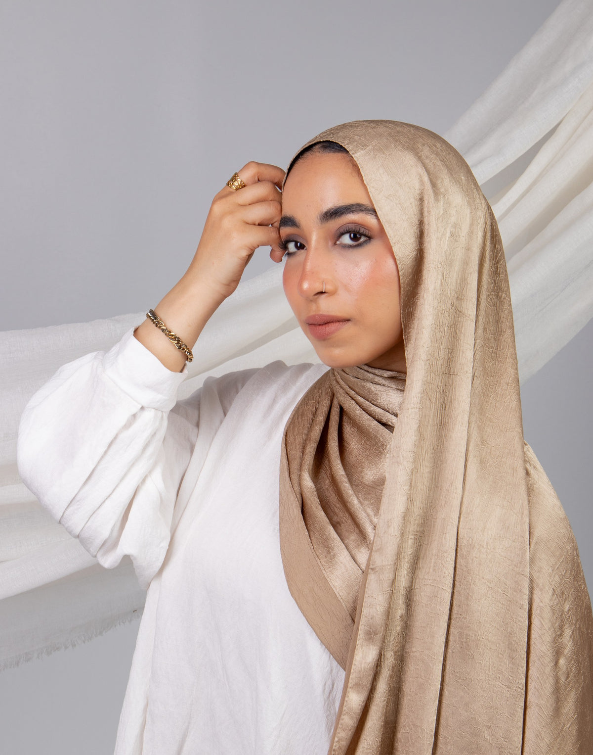 Moon Glow Crushed Satin Scarf in Beige #Color_Beige
