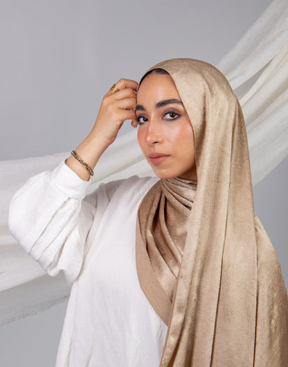 Moon Glow Crushed Satin Scarf in Beige #Color_Beige