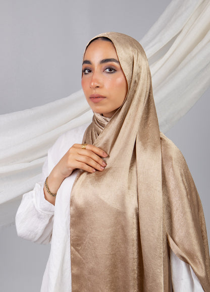 Moon Glow Crushed Satin Scarf in Beige #Color_Beige