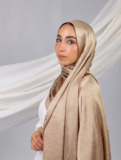 Moon Glow Crushed Satin Scarf in Beige #Color_Beige