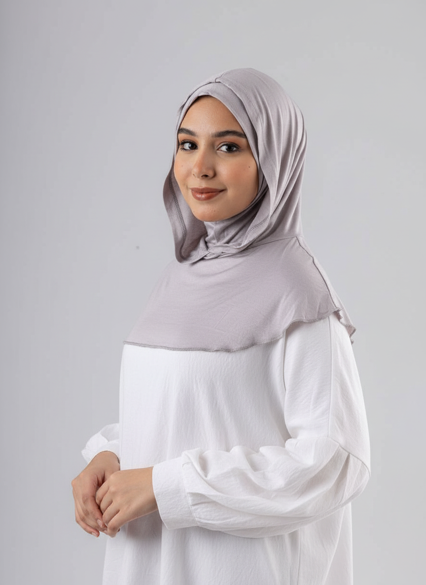 Ready Two Layer Kuwaiti Hijab in Grey #Color_Grey