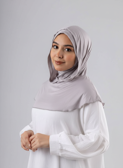 Ready Two Layer Kuwaiti Hijab in Grey #Color_Grey