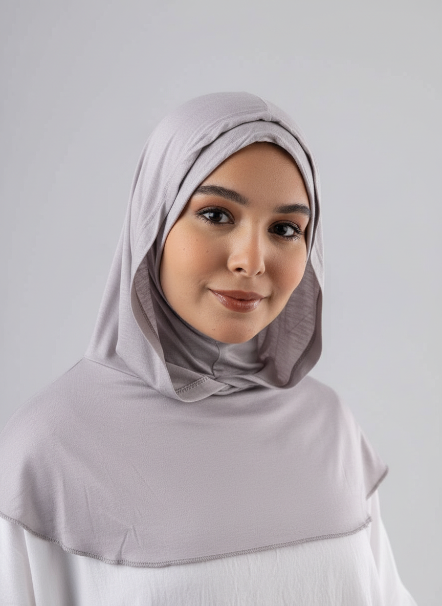 Ready Two Layer Kuwaiti Hijab in Grey #Color_Grey