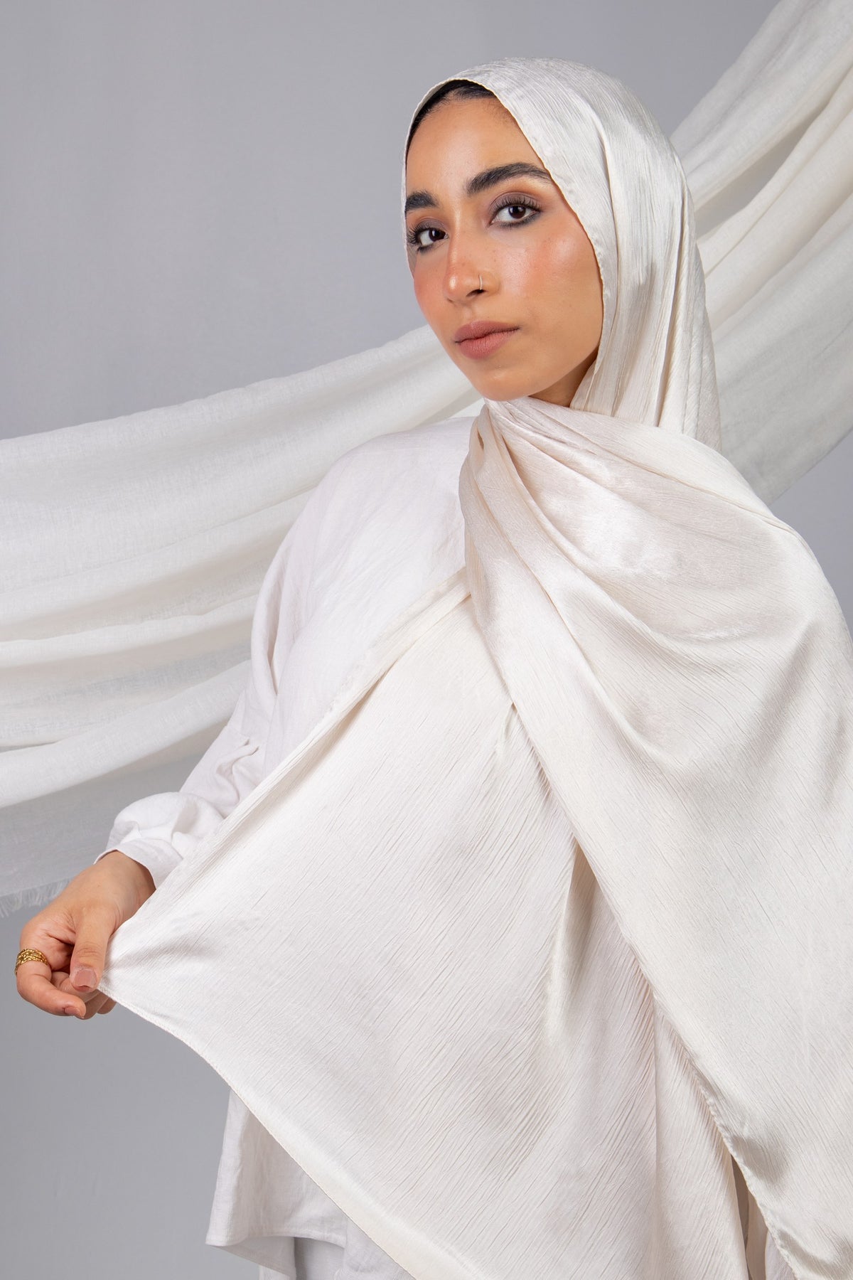 Moon Glow Crushed Satin Scarf in Light Beige #Color_Light Beige