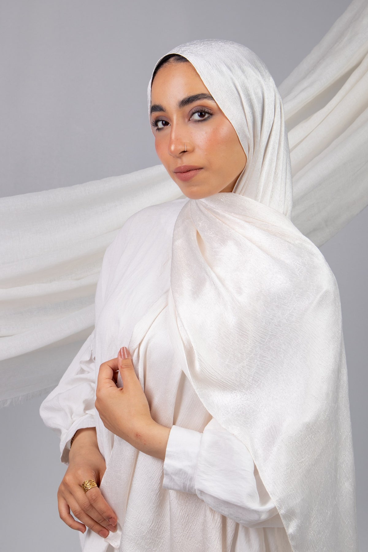 Moon Glow Crushed Satin Scarf in Light Beige #Color_Light Beige
